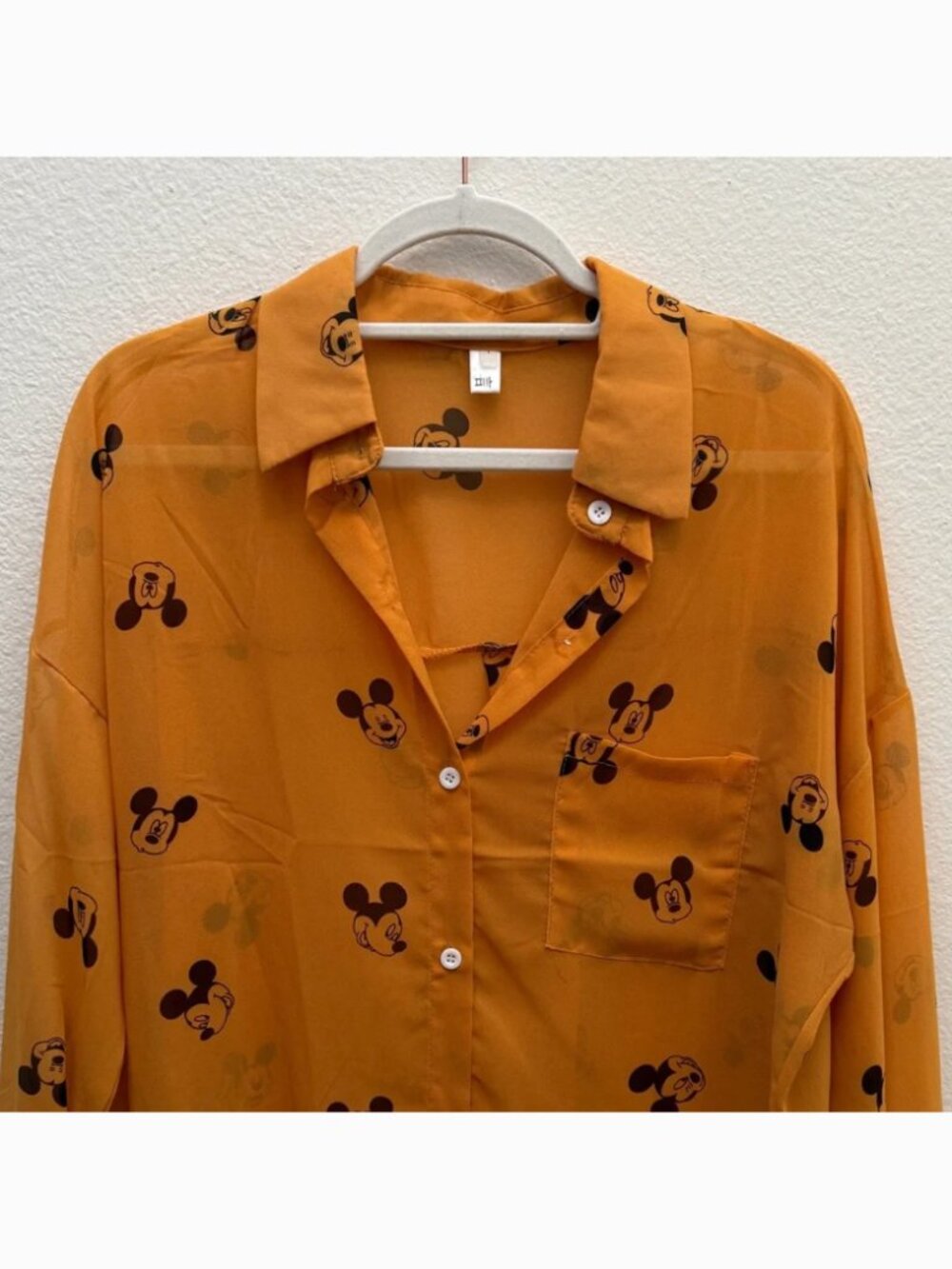 Sheer Orange Mickey Mouse Button-Up Shirt